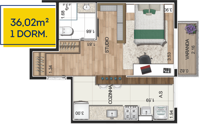 Planta 1 dormitório 36,02 m²
