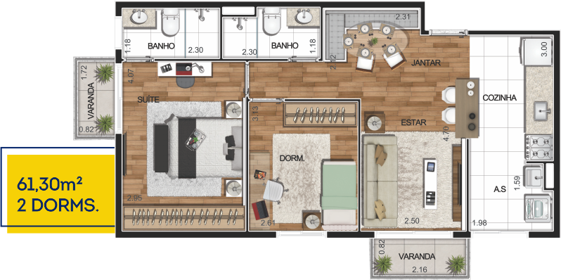 Planta 2 dormitórios 61,30 m²