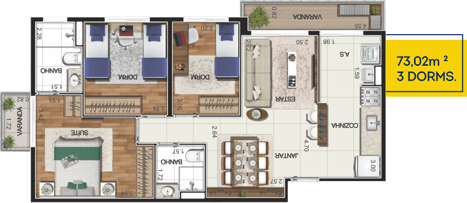 Planta 3 dormitórios 73,02 m²