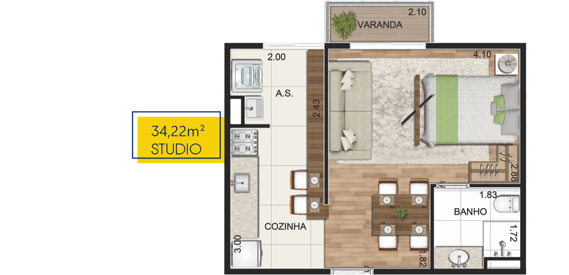 Planta Studio 34 m²